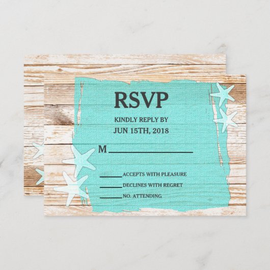 ターコイズ素朴スターフィッシュウェディングRSVPカード 出欠カード (正面/裏面)