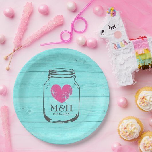 ターコイズ素朴メイソンjarウェディングパーティープレート ペーパープレート (パーティー)