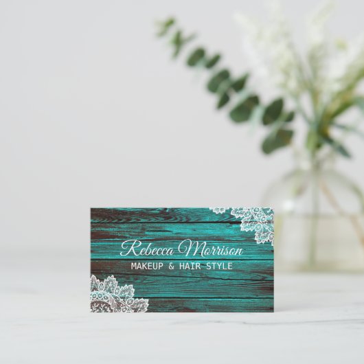ターコイズ素朴木目レース木目美しい 名刺 (スタンド正面)
