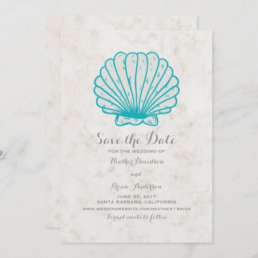 ターコイズ素朴Seashell日付の保存招待状 セーブザデート (正面/裏面)