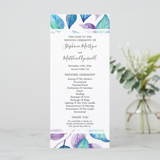 ターコイズ紫の水彩葉結婚の儀式 プログラム (スタンド正面)