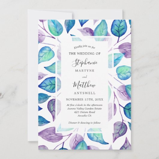 ターコイズ紫の水葉色の葉結婚色 招待状 (正面)