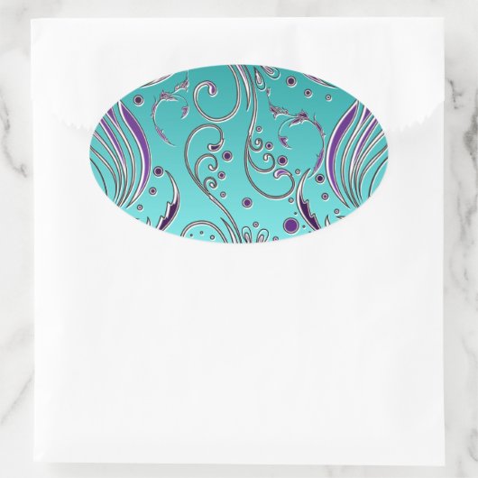 ターコイズ紫の渦巻き 楕円形シール (バッグ)