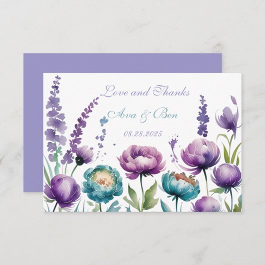 ターコイズ紫結婚野花 サンキューカード (正面/裏面)