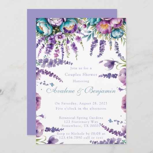 ターコイズ紫色の花カップルのシャワー 招待状 (正面/裏面)