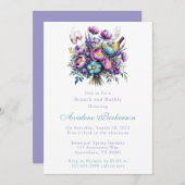 ターコイズ紫色の花牡丹ブランチと泡立ち 招待状 (正面/裏面)