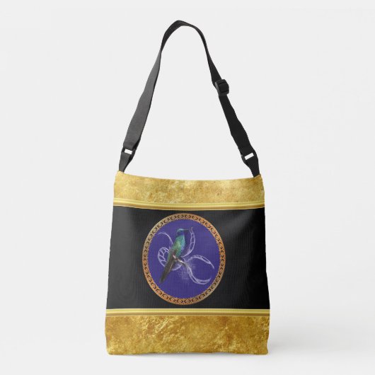 ターコイズ緑と青と紫のハチドリ クロスボディバッグ (裏面)