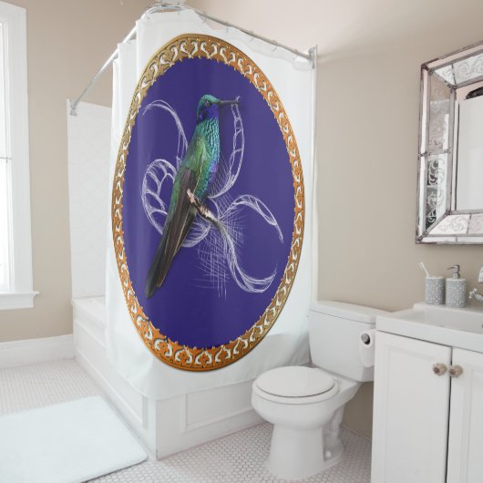 ターコイズ緑と青と紫のハチドリ シャワーカーテン (インサイチュ)
