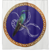 ターコイズ緑と青と紫のハチドリ シャワーカーテン (正面)