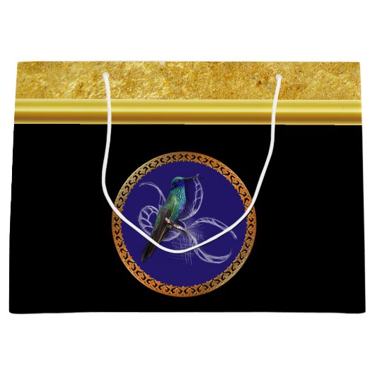 ターコイズ緑と青と紫のハチドリ ラージペーパーバッグ (正面)