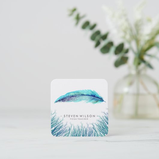 ターコイズ羽毛ウォーターカラーボホティール(緑がかった色)ビーチ スクエア名刺 (スタンド正面)