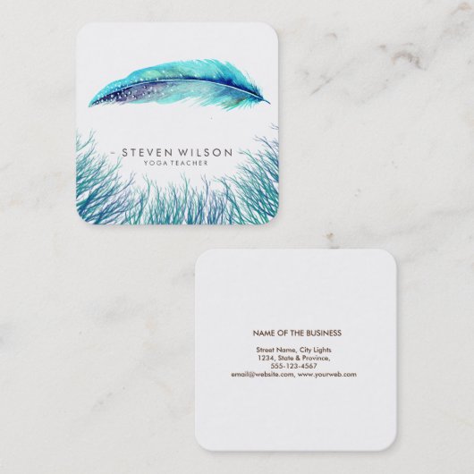 ターコイズ羽毛ウォーターカラーボホティール（緑がかった色）ビーチ スクエア名刺 (正面/裏面)
