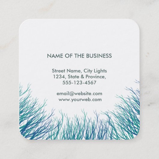 ターコイズ羽毛ウォーターカラーボホティール（緑がかった色）ビーチ スクエア名刺 (裏面)