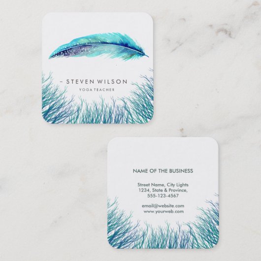ターコイズ羽毛ウォーターカラーボホティール(緑がかった色)ビーチ スクエア名刺 (正面/裏面)