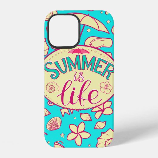 ターコイズ背景の夏のパターン: 傘,サ iPhoneケース (裏面)