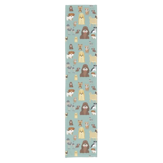 ターコイズ背景犬パターン ショートテーブルランナー (正面)