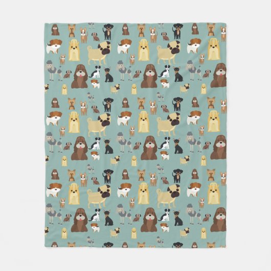 ターコイズ背景犬パターン フリースブランケット (正面)