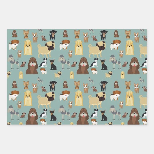 ターコイズ背景犬パターン ラッピングペーパーシート (正面)