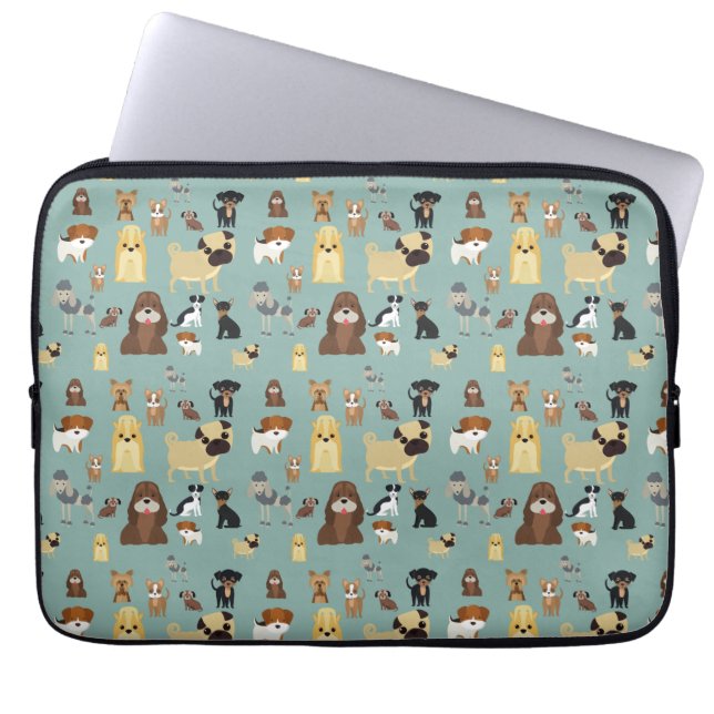 ターコイズ背景犬パターン ラップトップスリーブ (正面)