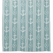 ターコイズ航海のホワイトいかりロープモノグラムショー シャワーカーテン (正面)