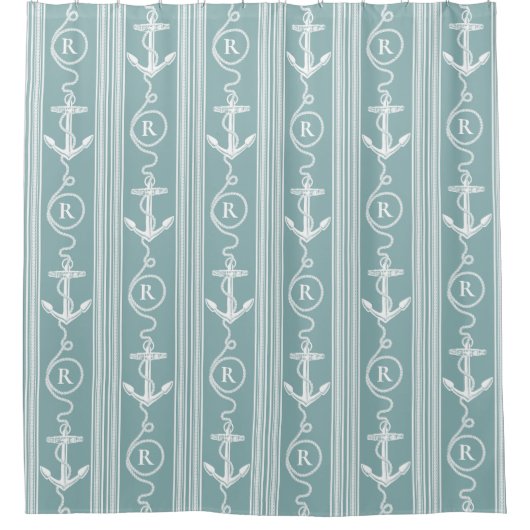 ターコイズ航海のホワイトいかりロープモノグラムショー シャワーカーテン (正面)