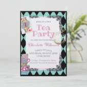 ターコイズ色のアリス・イン・ワンダーランド テーマのティーパーティー 招待状 (スタンド正面)