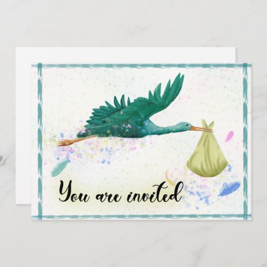 ターコイズ色のサギが荷物を運ぶ 招待状 (正面/裏面)