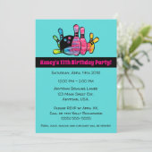 ターコイズ色のタイダイ ボウリングピン誕生日パーティー 招待状 (スタンド正面)