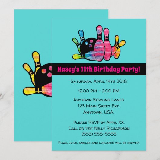 ターコイズ色のタイダイ ボウリングピン誕生日パーティー 招待状 (正面/裏面)