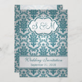 ターコイズ色のダマスク模様を銀色の背景にプリントした結婚式の招待状 招待状 (正面/裏面)