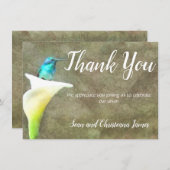 ターコイズ色のハミングバードとユリの花の水彩画 サンキューカード (正面/裏面)