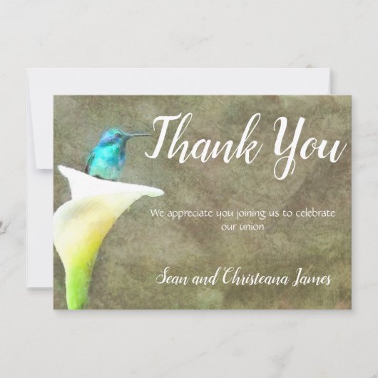 ターコイズ色のハミングバードとユリの花の水彩画 サンキューカード (正面)