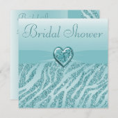 ターコイズ色のハート＆ゼブラ グリッター ブライダルシャワー 招待状 (正面/裏面)
