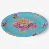 ターコイズ色のローズフラワーパターン紙パーティープレート ペーパープレート (アングル)