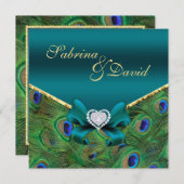 ターコイズ色の孔雀の結婚式招待状 招待状 (正面/裏面)