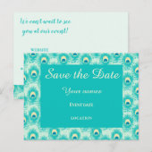 ターコイズ色の孔雀の羽根を使った結婚式の日時を知らせるカード ポストカード (正面/裏面)