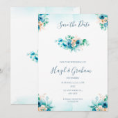 ターコイズ色の結婚式の招待状（Save the Date) 招待状 (正面/裏面)