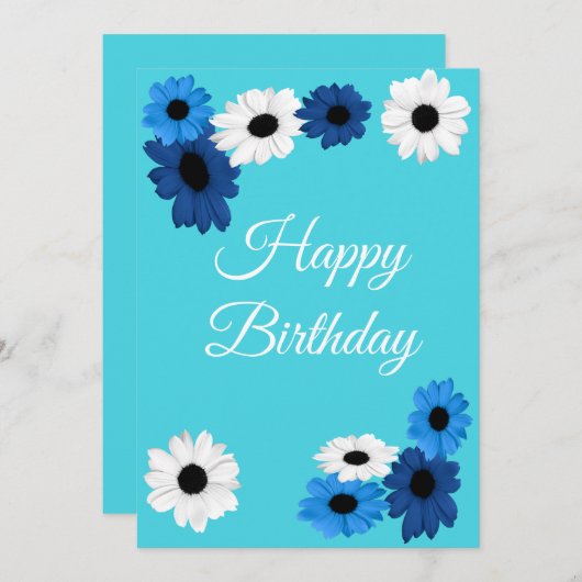 ターコイズ色の背景に青と白の様々な色合いのデイジー シーズンカード (正面/裏面)
