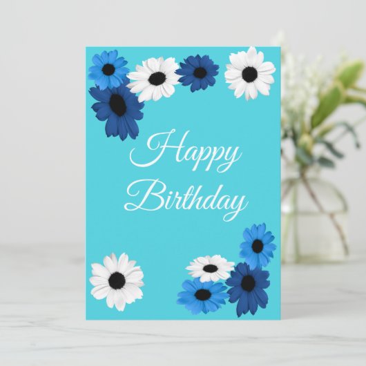 ターコイズ色の背景に青と白の様々な色合いのデイジー シーズンカード (スタンド正面)