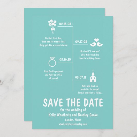 ターコイズ色の関係タイムライン ウェディング セーブ・ザ・デート (正面/裏面)