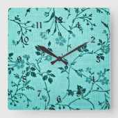 ターコイズ花柄 スクエア壁時計 (正面)