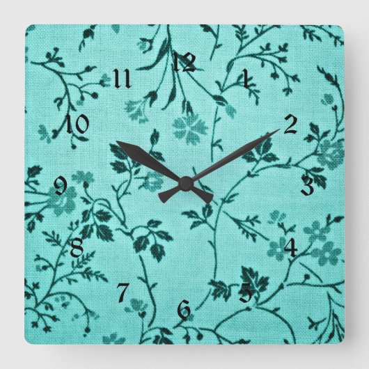 ターコイズ花柄 スクエア壁時計 (正面)