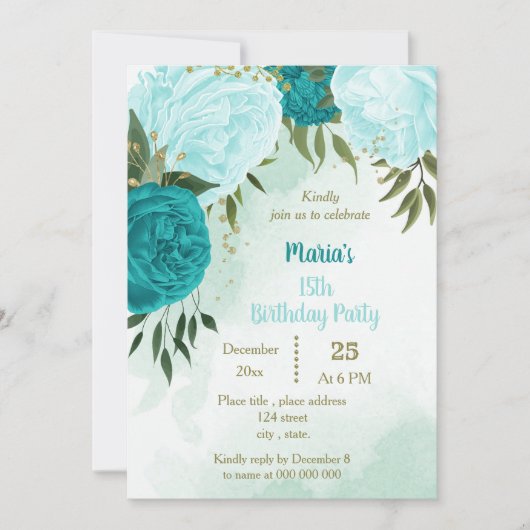 ターコイズ花離れ生誕生日 招待状 (正面)