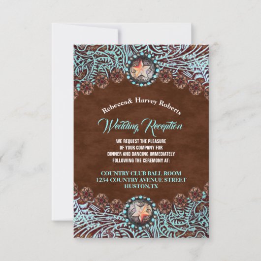 ターコイズ茶色の田舎のウェスタンウェディングレセプション 招待状 (正面)