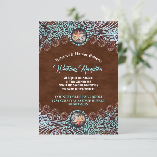 ターコイズ茶色の田舎のウェスタンウェディングレセプション 招待状 (スタンド正面)