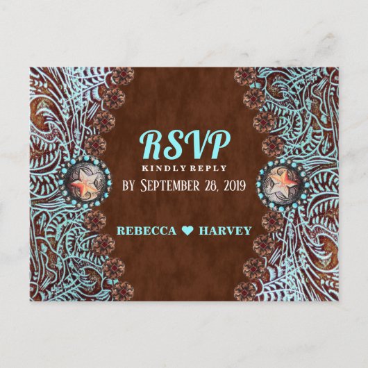 ターコイズ茶色の田舎のウェスタンウェディングRSVP インビテーションポストカード (正面)