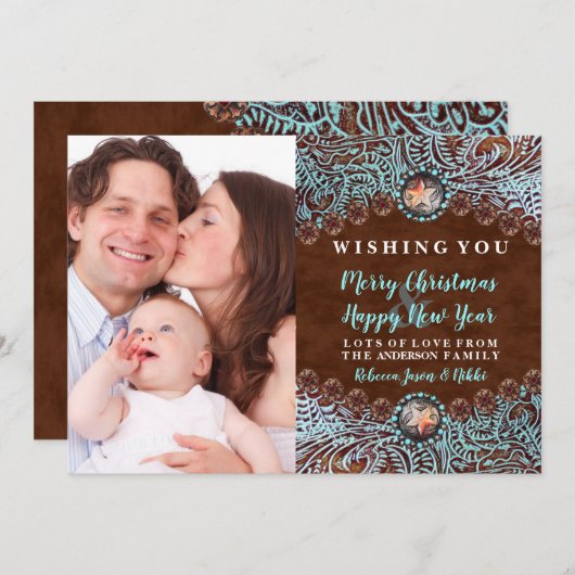ターコイズ茶色の西の国のクリスマス写真 シーズンカード (正面/裏面)