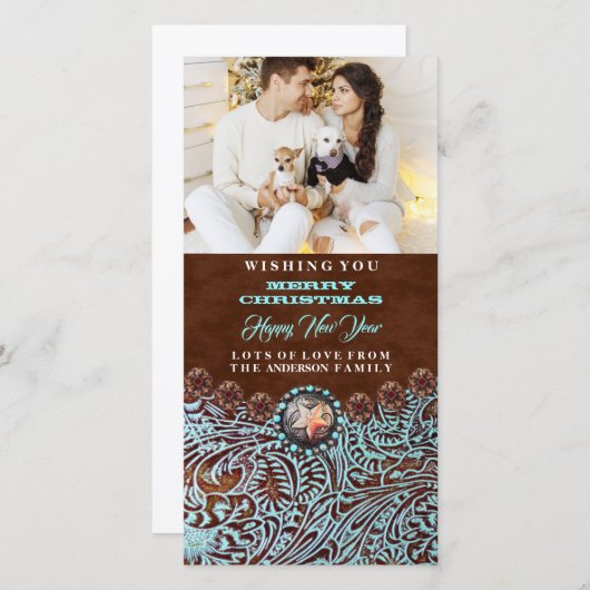 ターコイズ茶色の西の国のクリスマス写真 シーズンカード (正面/裏面)