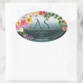 ターコイズ製品ラベル カラフルな花のイニシャル付き 楕円形シール (バッグ)