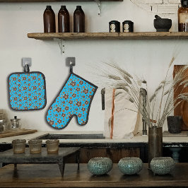 ターコイズ褐色天然花 鍋つかみ&鍋敷きセット